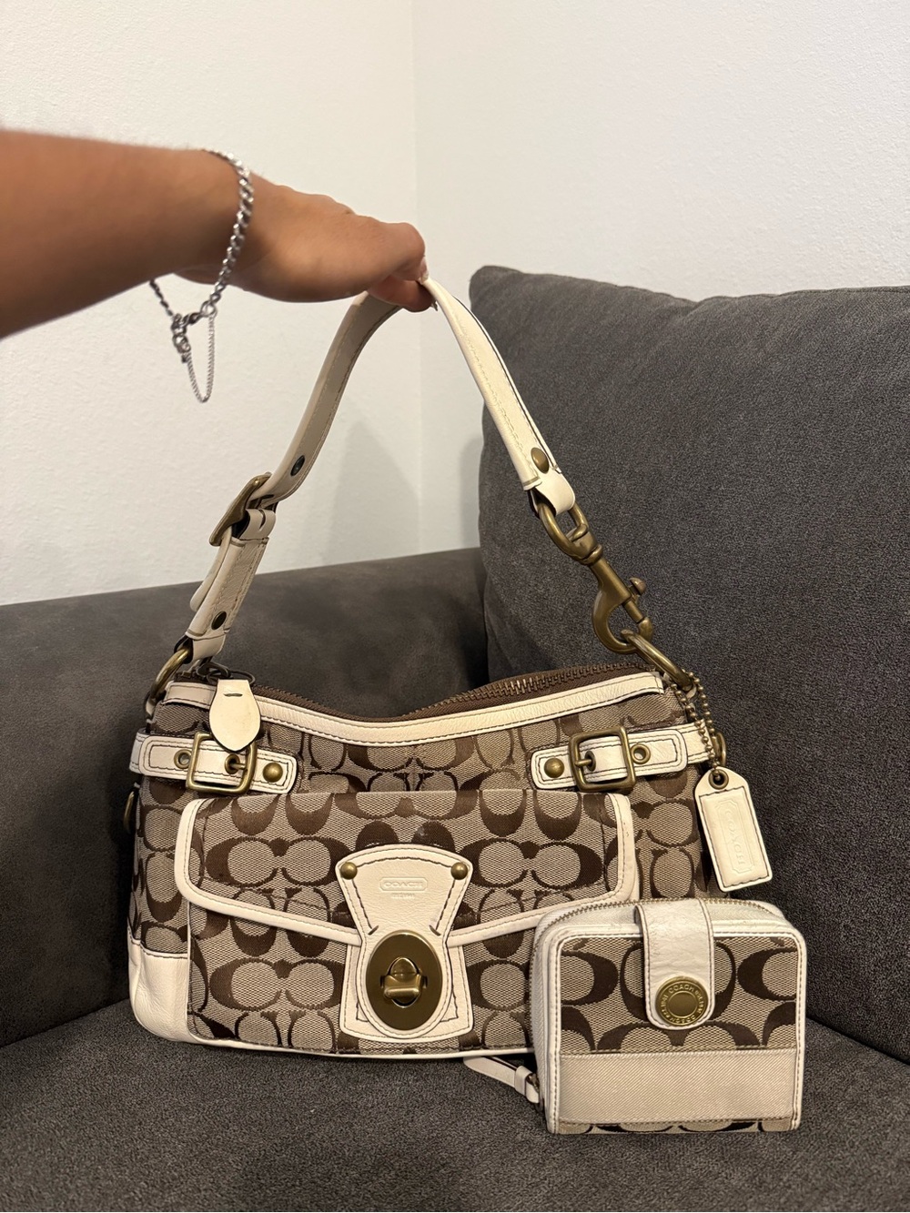 Coach legacy Signature Canvas Shoulder Bag in Brown and Cream